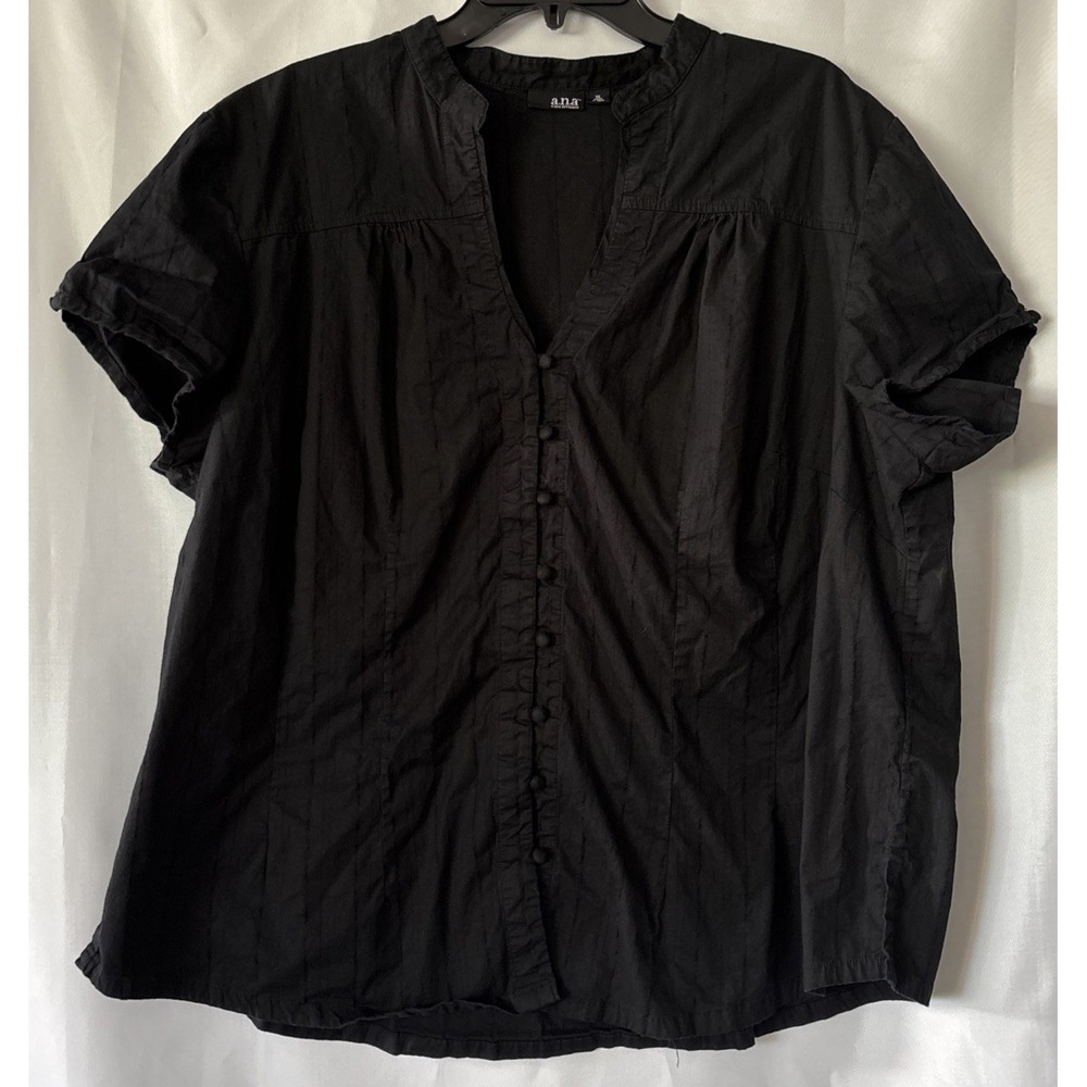 ANA Button Up Pleated Blouse V-Neck Short Sleeve Relaxed Fit Black 3X